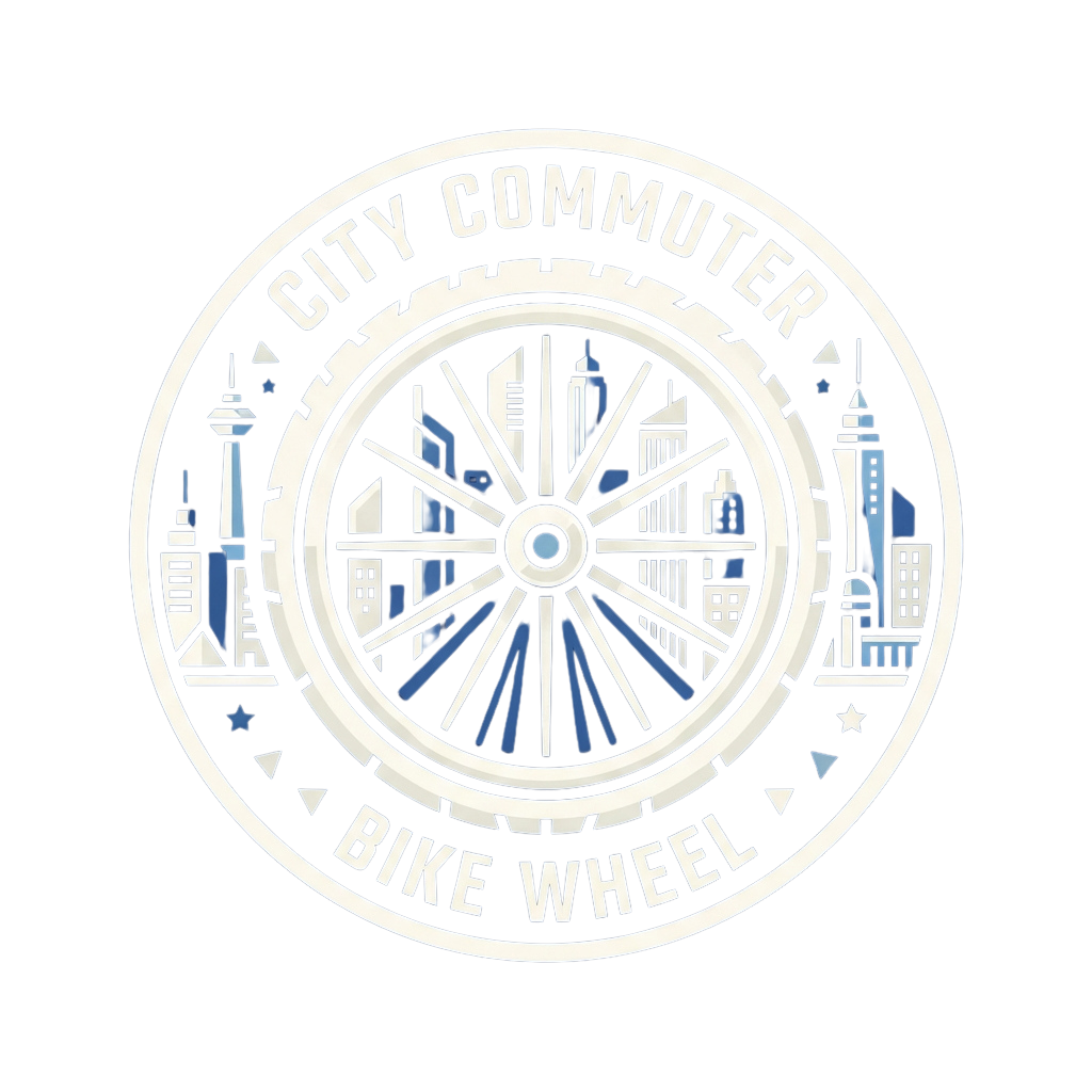 A stylized logo featuring a bike wheel with a city skyline inside and text reading City Commuter Bike Wheel
