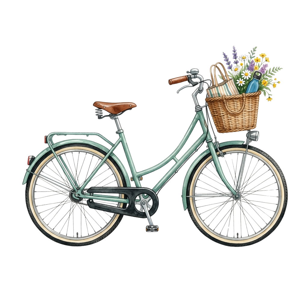 A mint green vintage bicycle with a wicker basket containing flowers and a small bottle