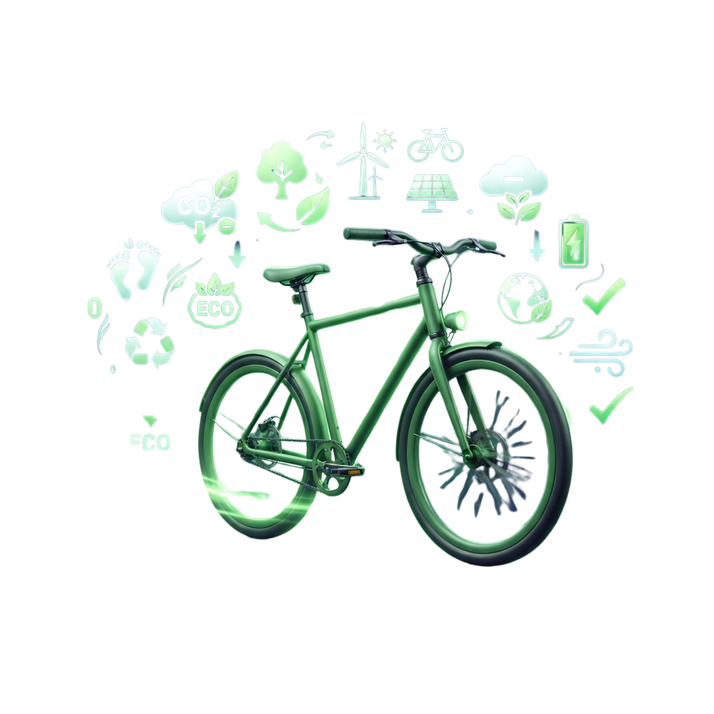 A green bicycle surrounded by eco-friendly icons like recycling, wind turbines, and trees on a black background