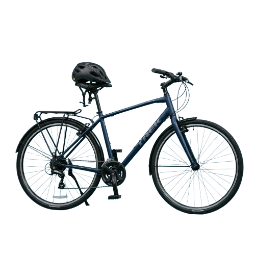 A blue city bike equipped with a helmet on handlebars, rear rack, and fenders for urban commuting