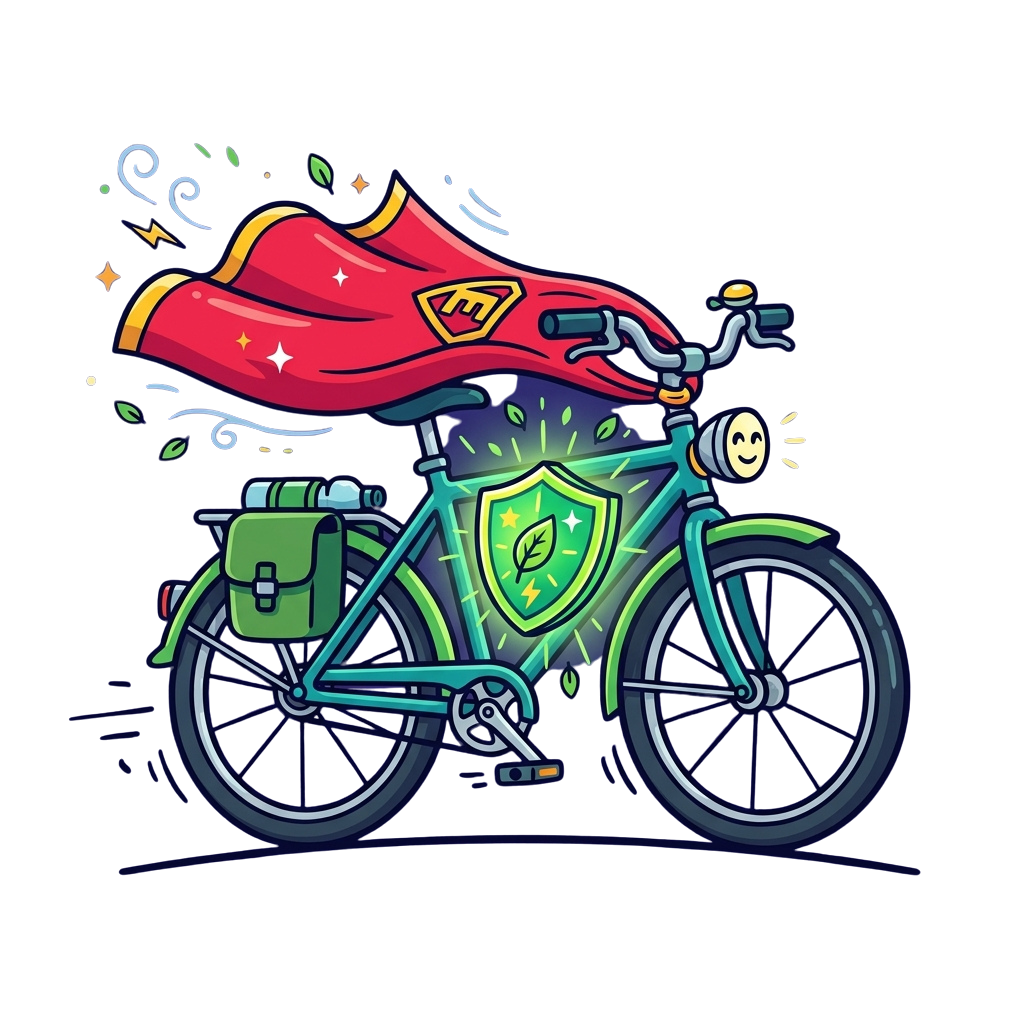 Electric bicycle with green frame, shield emblem, and smiling light bulb headlight, glowing with stars and speed lines