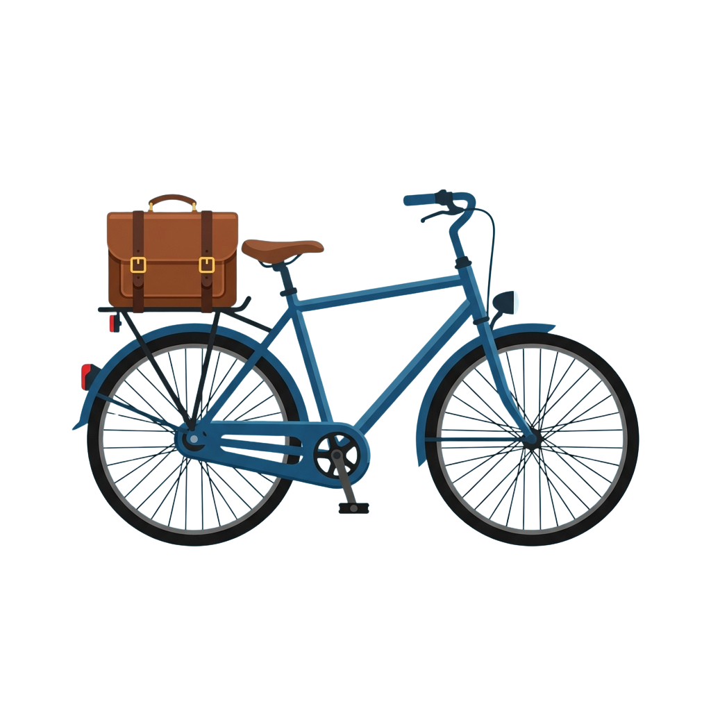 Blue bicycle with a brown leather satchel attached to the rear frame