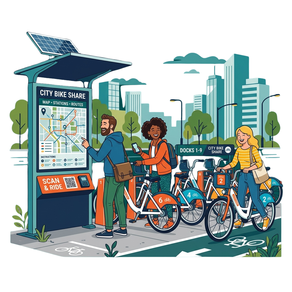 Illustration of three people using a city bike share system with bikes and a solar-powered kiosk displaying a map and QR code instructions.