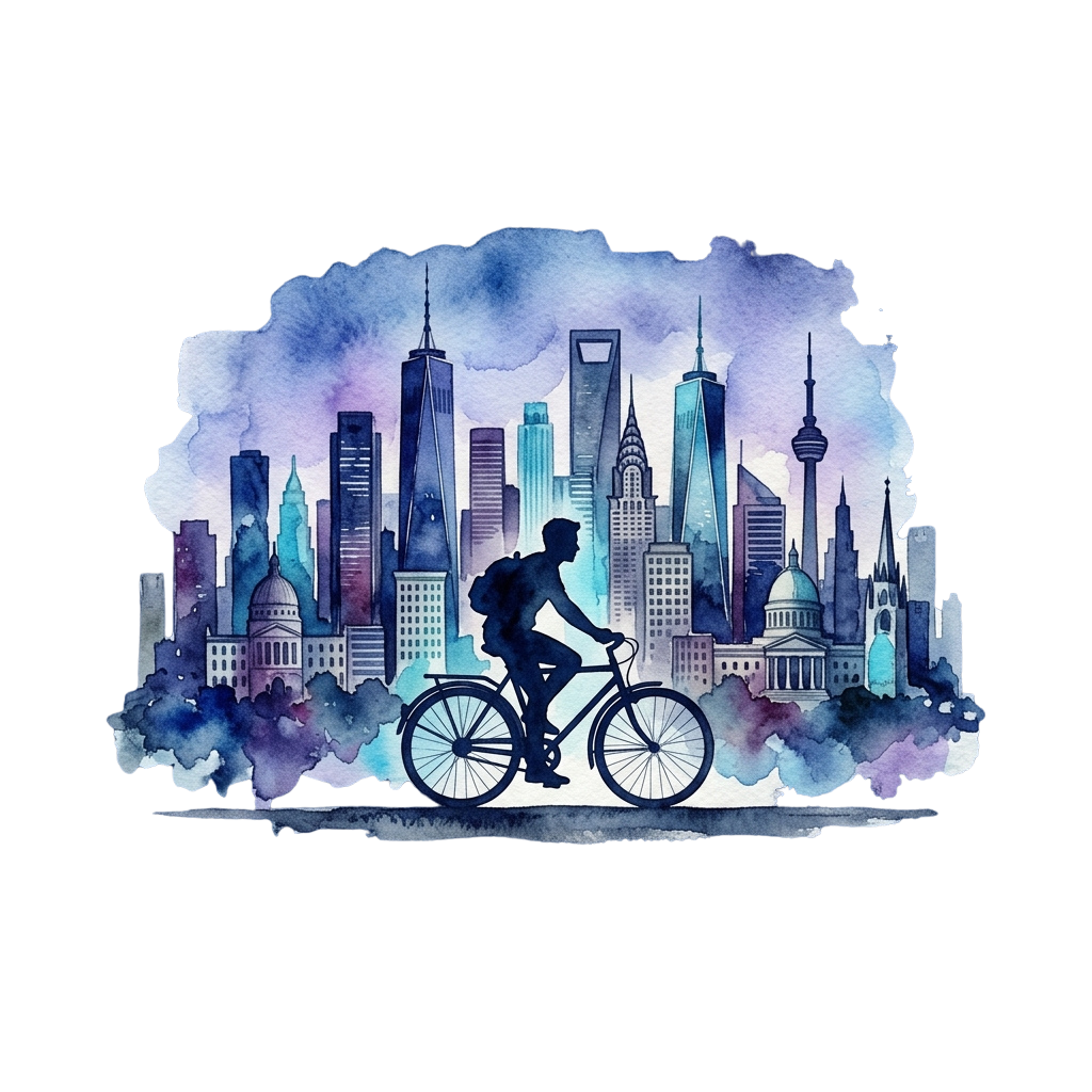 Silhouette of a person riding a bicycle in front of a watercolor city skyline with buildings and clouds