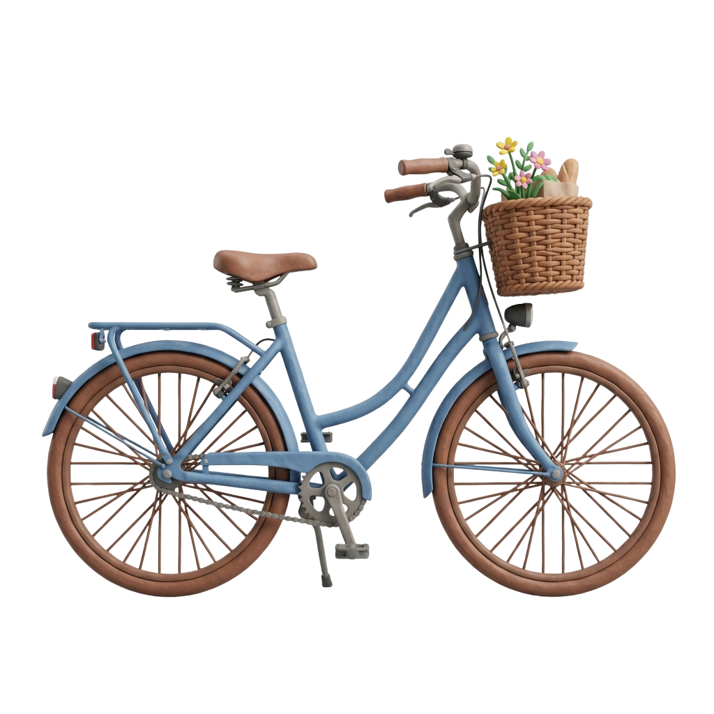 A light blue bicycle with brown wheels, a brown leather seat, and a basket filled with flowers and a small bag