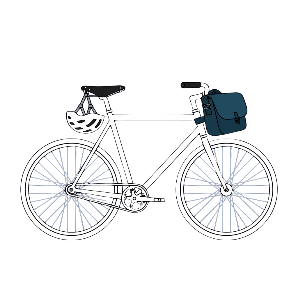 A sleek fixed gear bicycle with a front basket and a blue shoulder bag attached to the rear rack