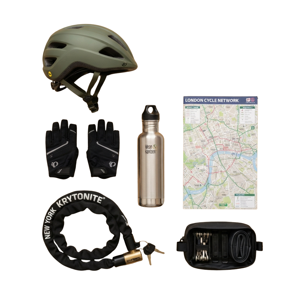 A set of cycling accessories including a helmet, gloves, a bike lock, water bottle, map, and multi-tool kit.