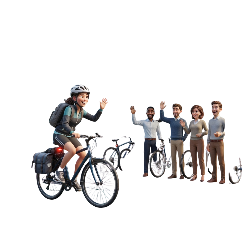 A smiling cyclist on a bike waves at four standing friends also near bicycles