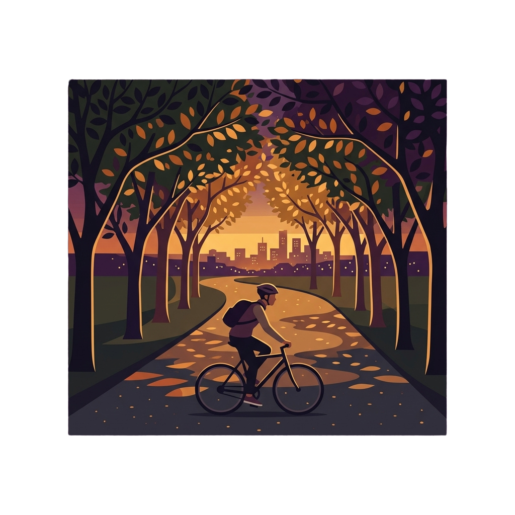 A person riding a bicycle down a path lined with autumn trees under a sunset sky