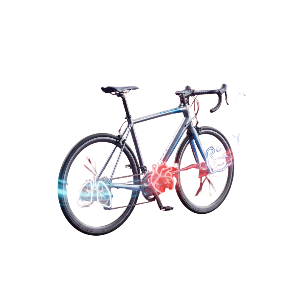 Road bike with highlighted skeletal muscles showing leg and arm engagement during cycling