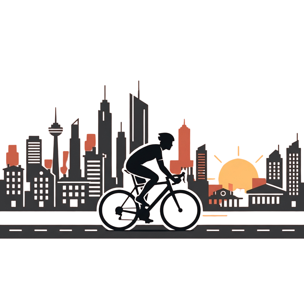 A cyclist riding through a city skyline at sunset with a glowing sun in the background