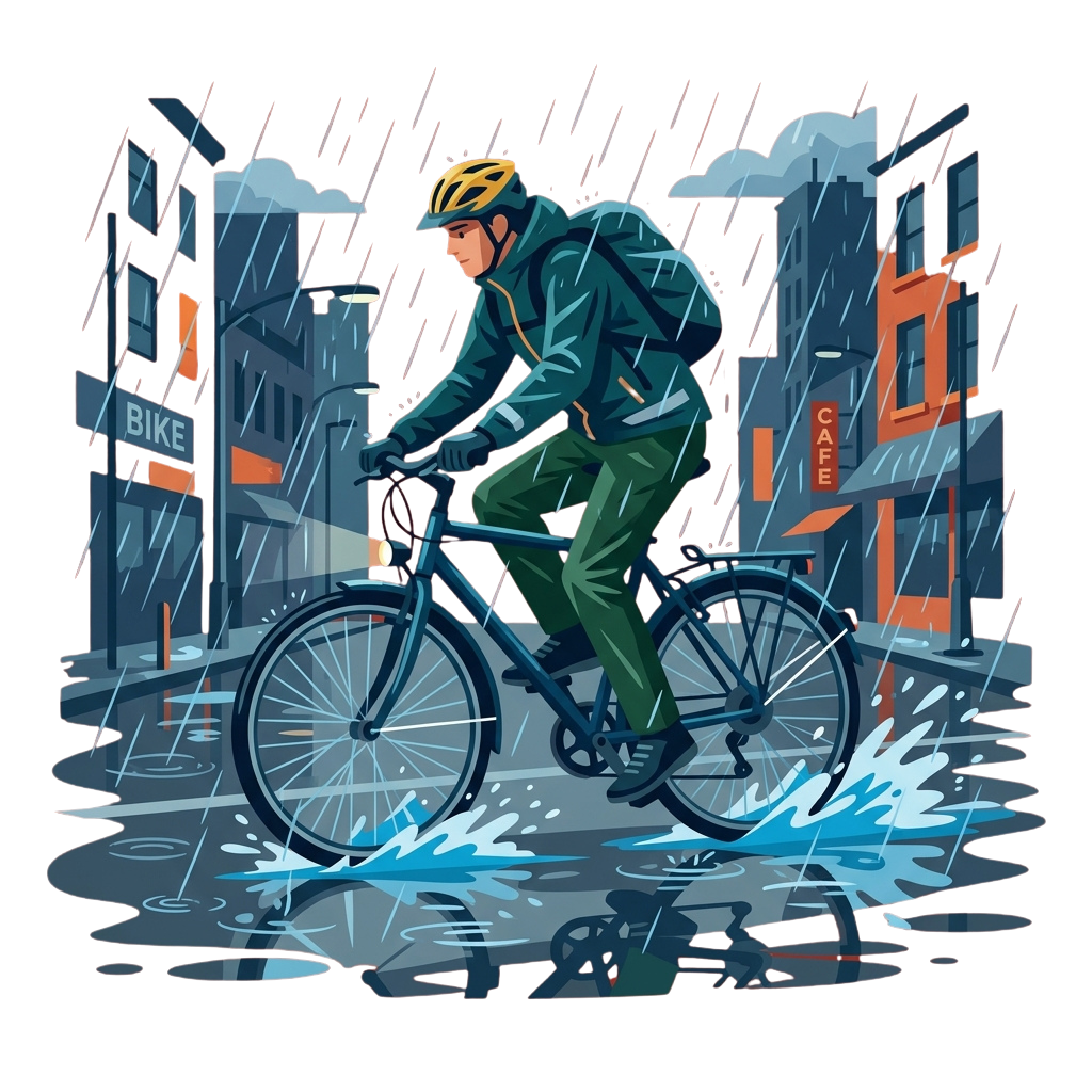 Person in green rain jacket and helmet riding a bike through a rainy city street with puddles and buildings in the background