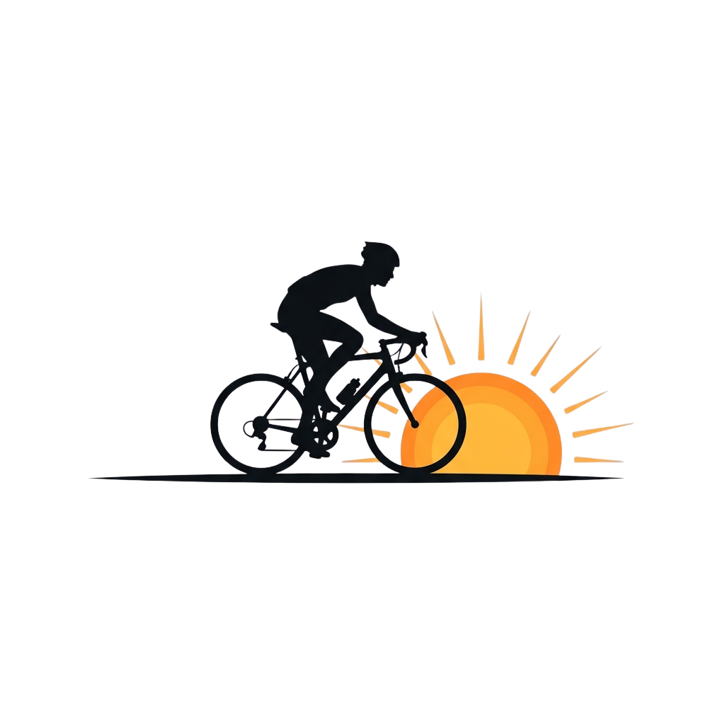 A cyclist riding a bike at sunrise with a glowing sun in the background