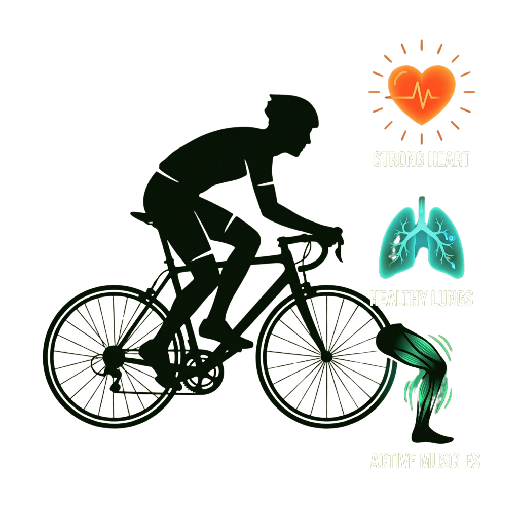 Silhouette of a cyclist with icons showing strong heart, healthy lungs, and active muscles