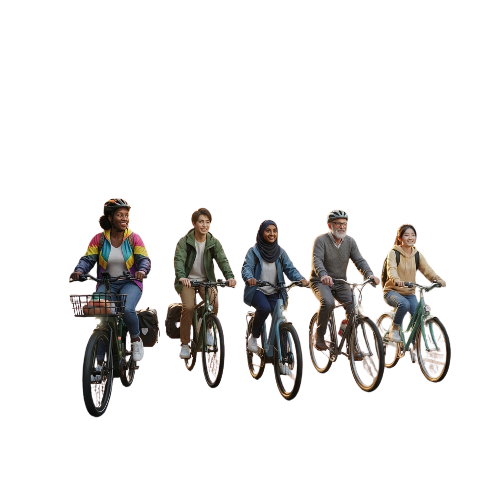 Five people riding bicycles side by side, smiling and dressed in casual clothing.