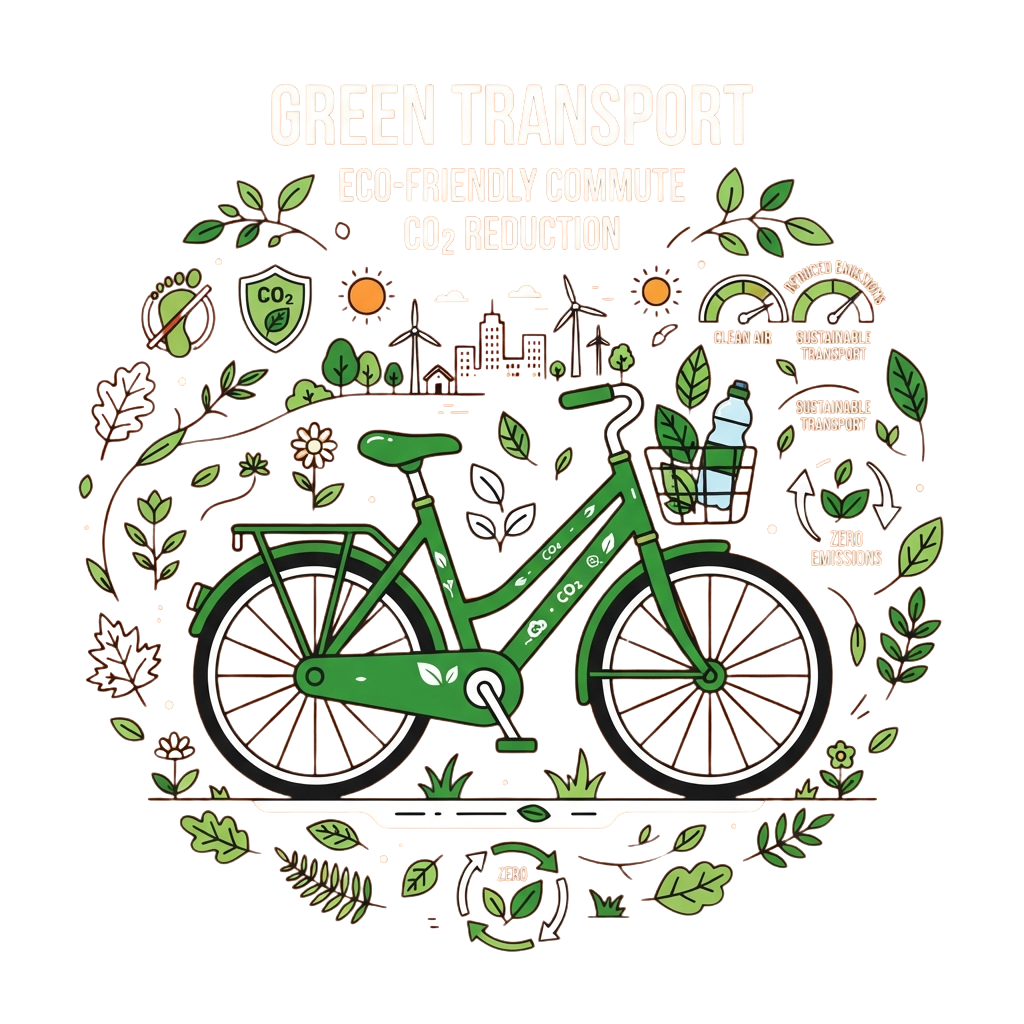Illustration of a green bicycle promoting eco-friendly commuting and CO2 reduction with nature elements and sustainability icons