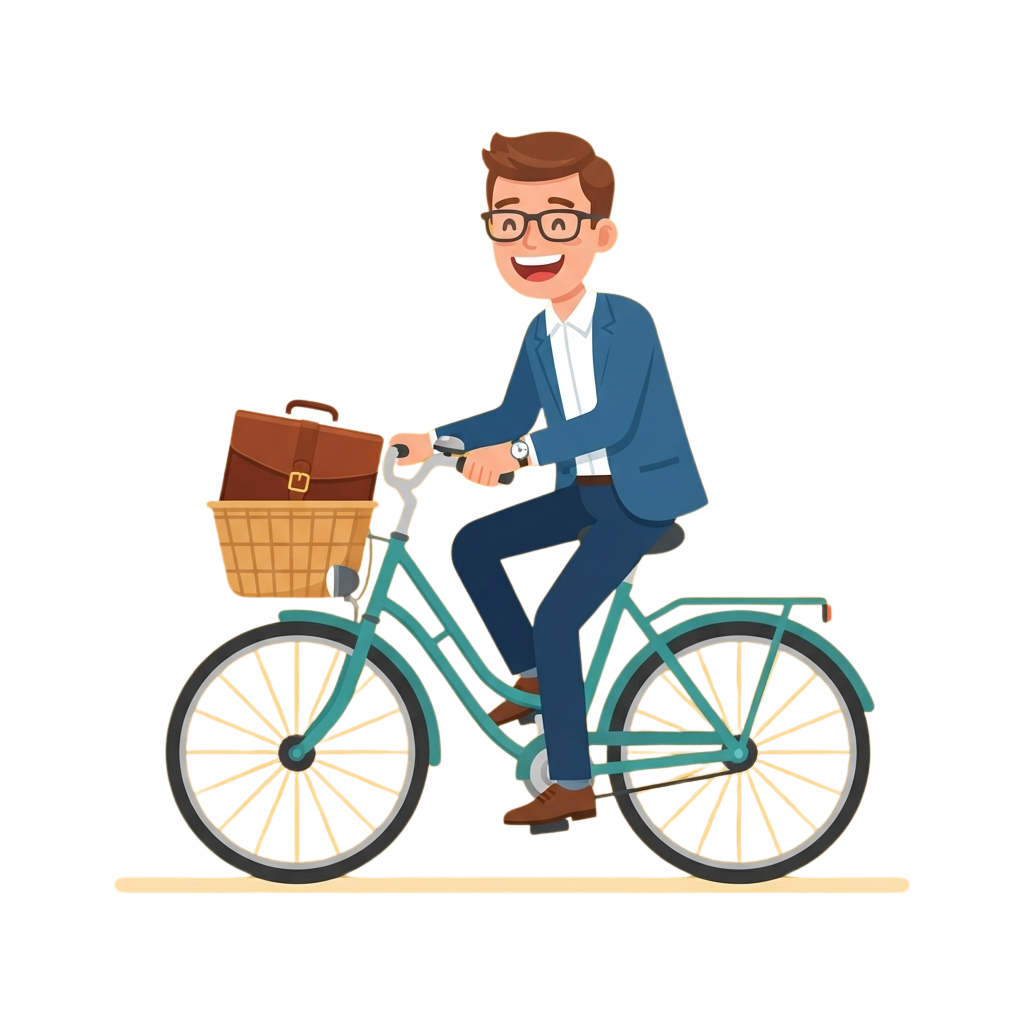 Smiling man in suit riding a turquoise bike with a basket and briefcase