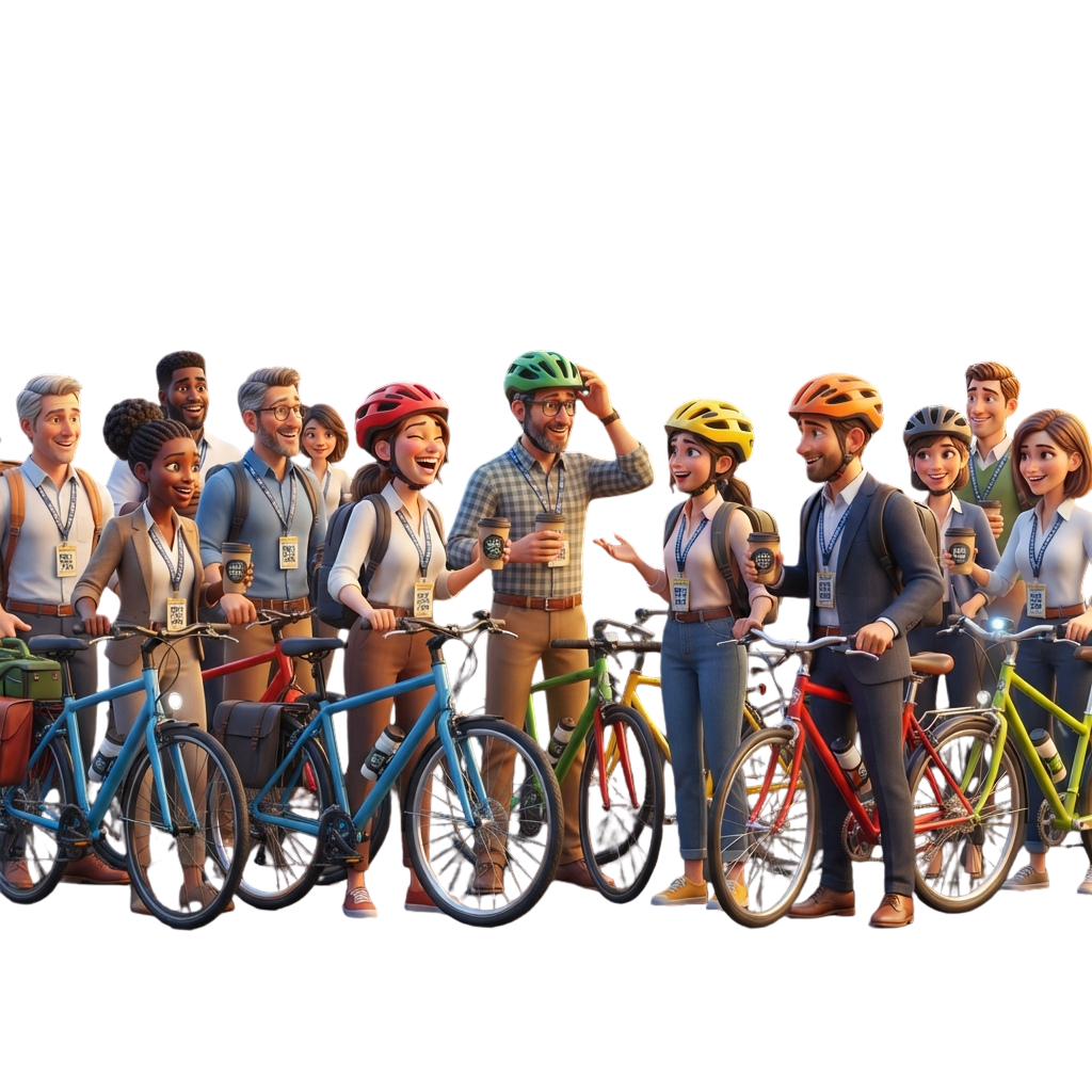 Happy diverse group of people standing with bicycles at an event