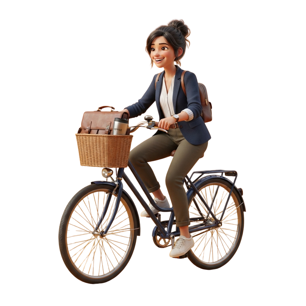 A smiling woman in professional attire rides a classic bike with a basket and backpack.