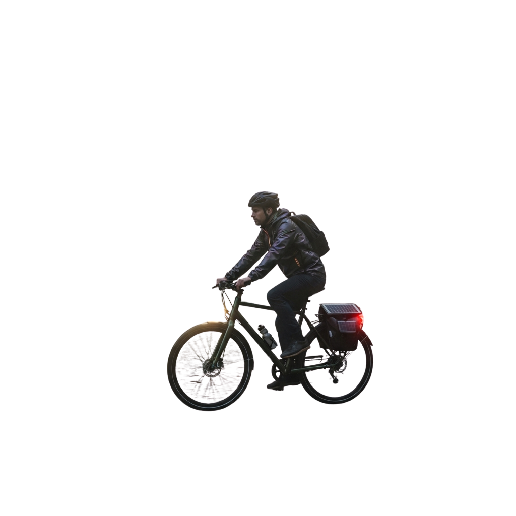 Person riding a bicycle at night with illuminated rear light and headlight.