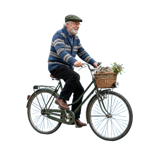 An elderly man riding a vintage-style bicycle with a basket containing plants on the front.