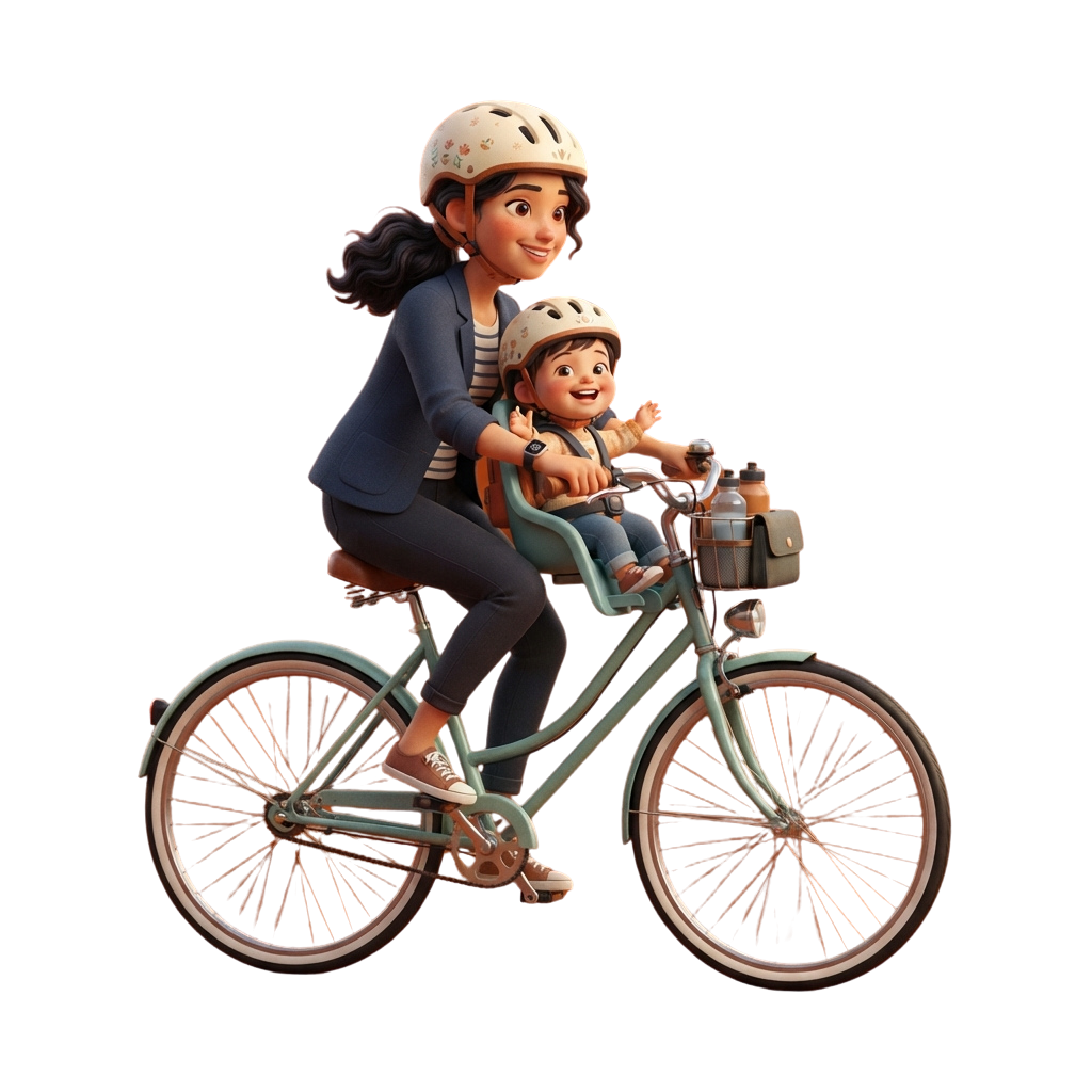 A smiling woman and child wearing helmets riding a bicycle together at night.
