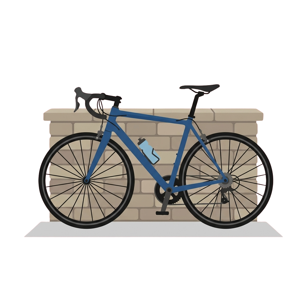 Illustration of a blue road bike leaning against a brick wall with a water bottle holder and a small dog on the seat.