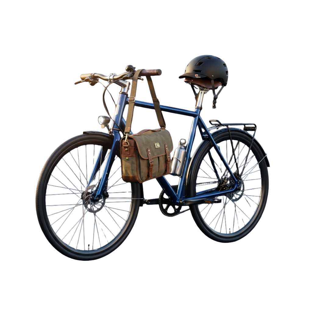 Blue vintage-style bicycle with leather bag mounted on the frame and a helmet resting on the handlebars