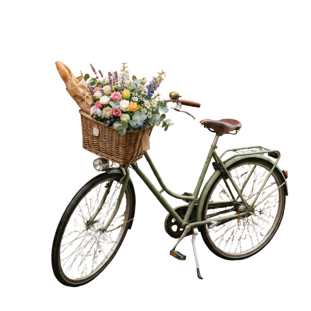 A vintage green bicycle with a wicker basket holding flowers and a loaf of bread