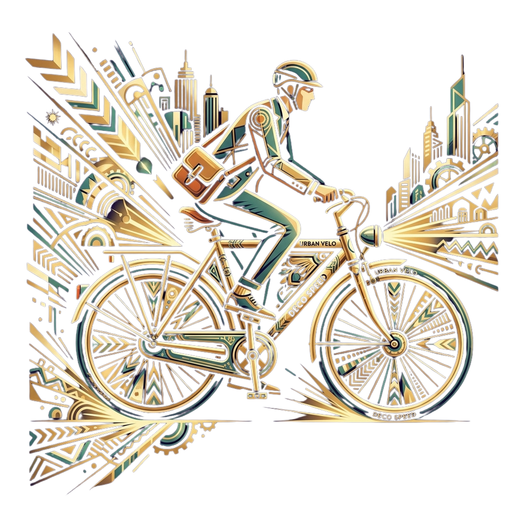 Illustration of a cyclist riding a detailed Art Deco style bicycle through a futuristic cityscape