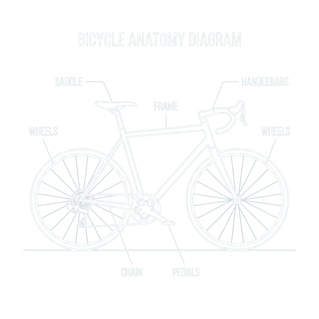 Diagram of a bicycle showing labeled parts including wheels, frame, saddle, handlebars, pedals, and chain