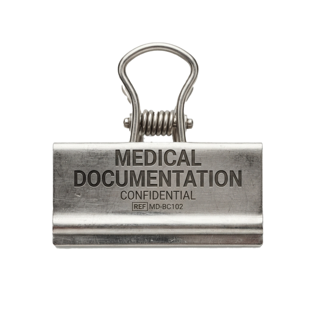 Metal clamp labeled Medical Documentation Confidential with reference code MD-BC102