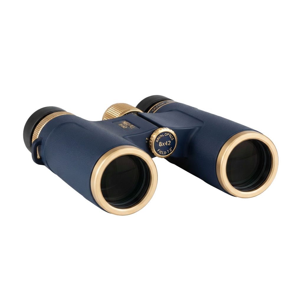 Pair of compact binoculars with dark blue body and gold accents, showing 8x42 magnification details