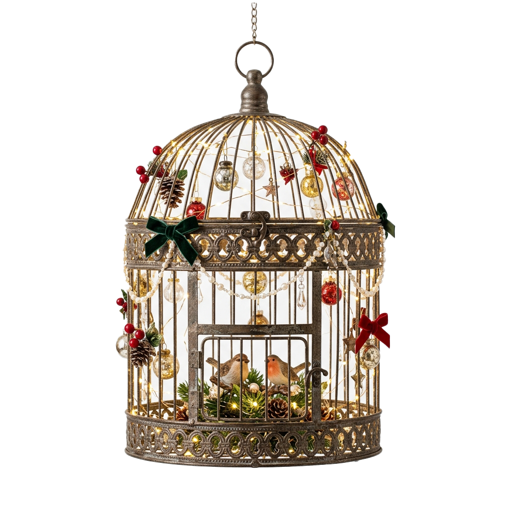 Decorative birdcage with holiday ornaments, bows, pine cones, and two robins inside