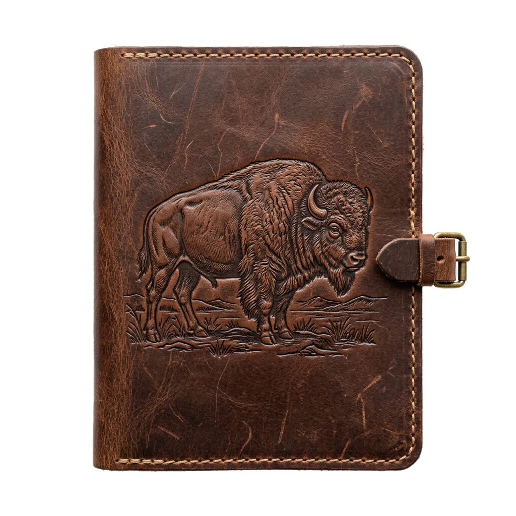 Embossed brown leather wallet or notebook cover featuring a bison standing on textured background