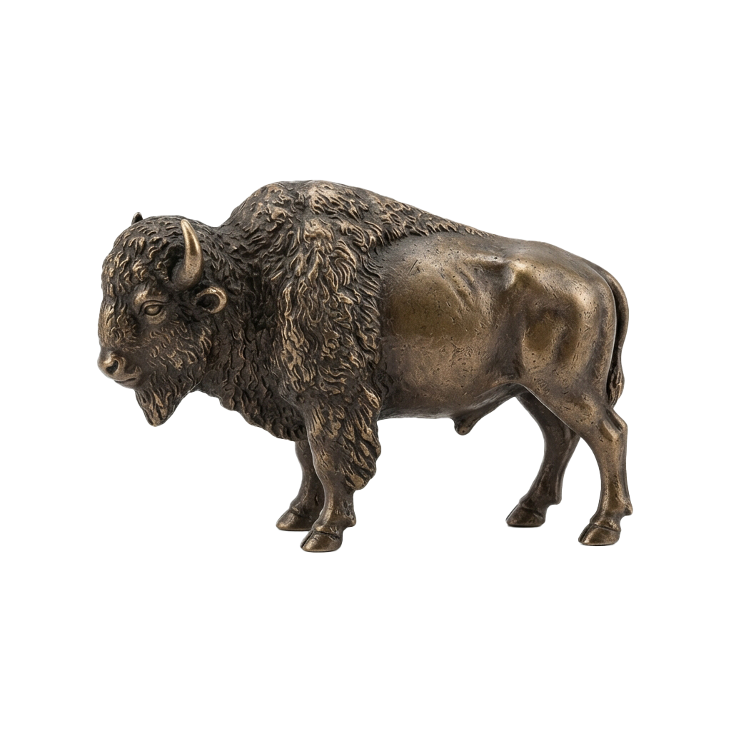 A detailed bronze sculpture of a standing bison with textured fur and curved horns