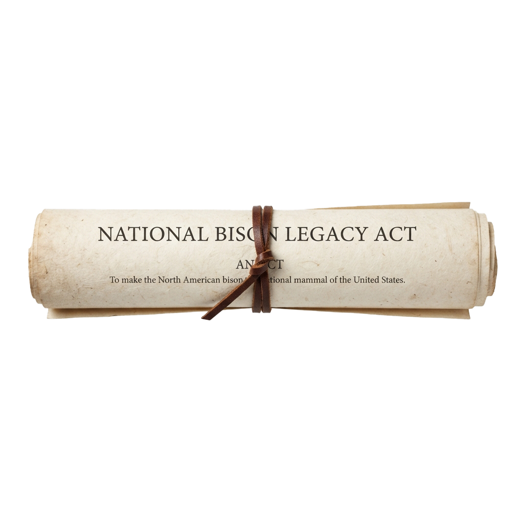 Scroll with text reading National Bison Legacy Act and a ribbon tied around it