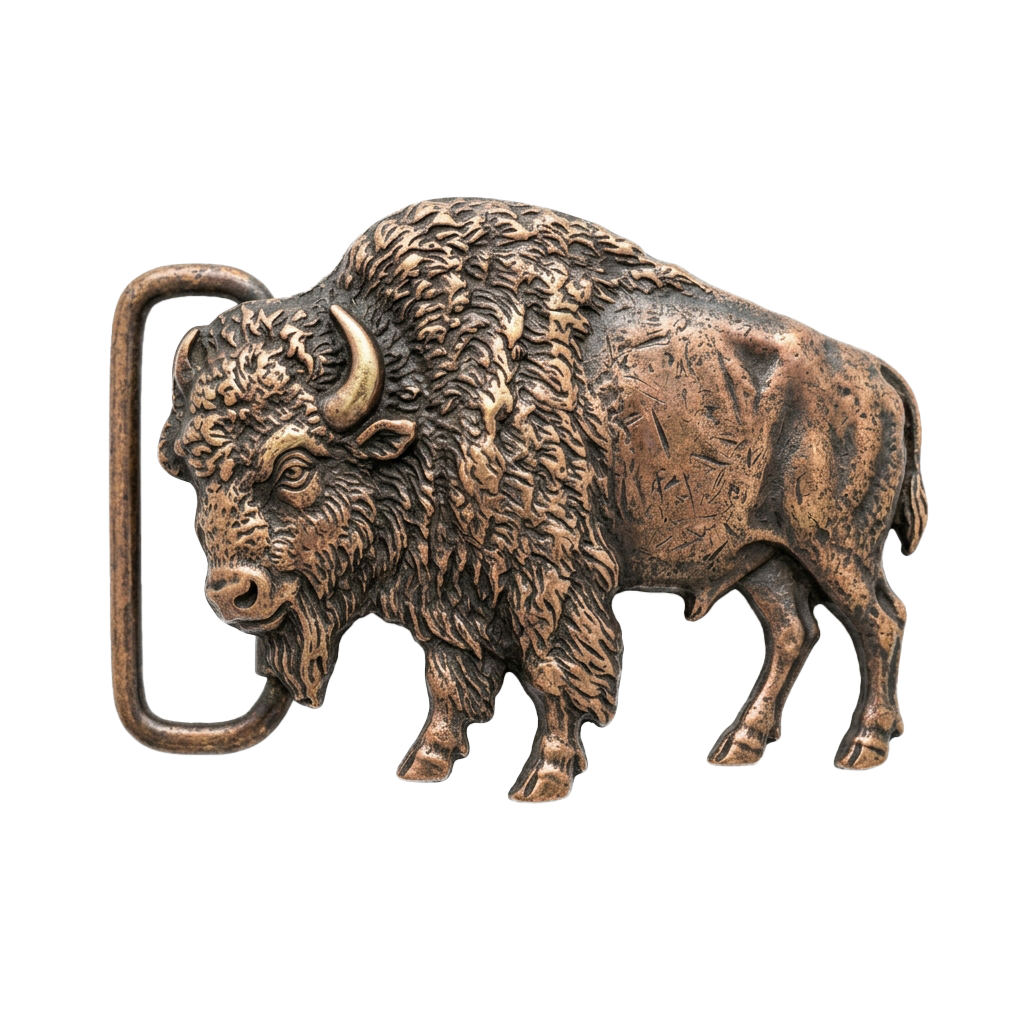 A detailed bronze-colored metal sculpture of a buffalo with a belt buckle loop attached to its horn