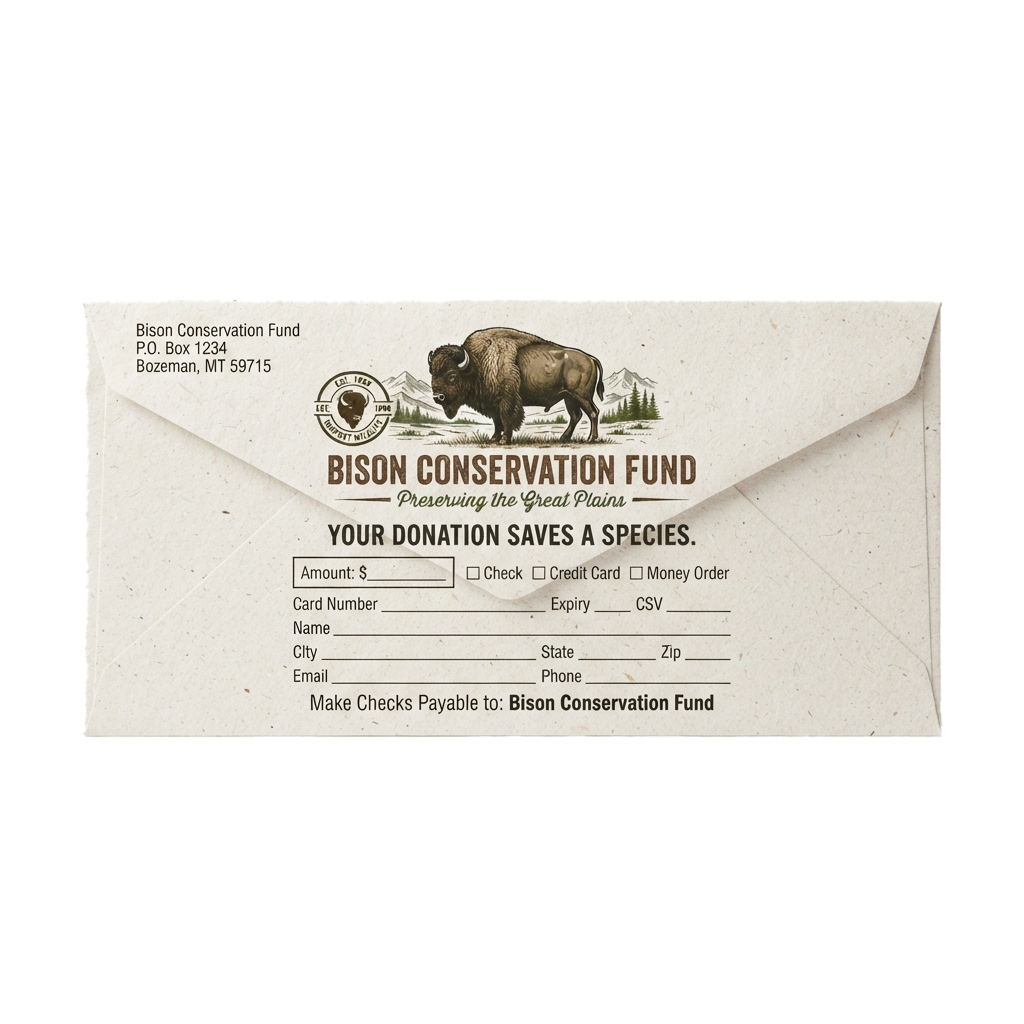 Donation envelope for bison conservation featuring a bison illustration and payment instructions