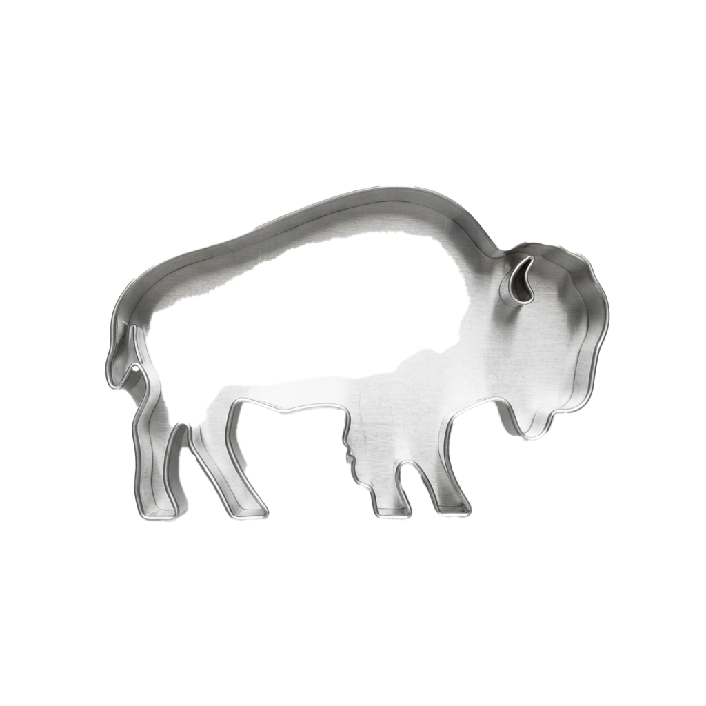 A metallic cookie cutter shaped like a bison standing on all fours.