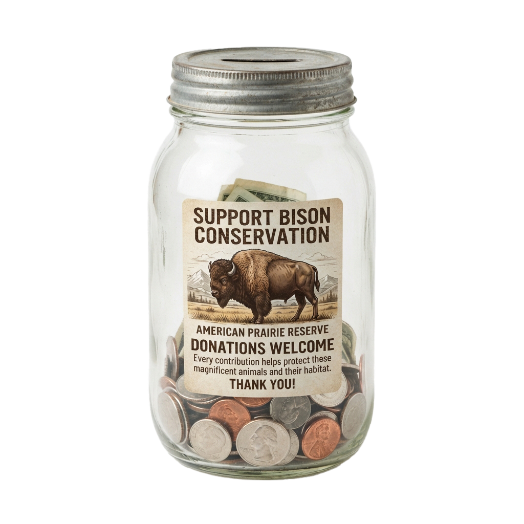 Glass donation jar filled with coins and labeled Support Bison Conservation with an image of a bison