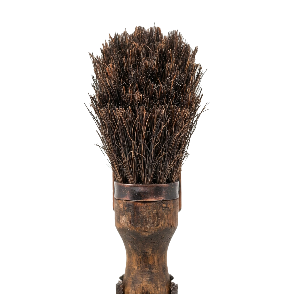 A handmade brush featuring natural bristles and a wooden handle against a dark background