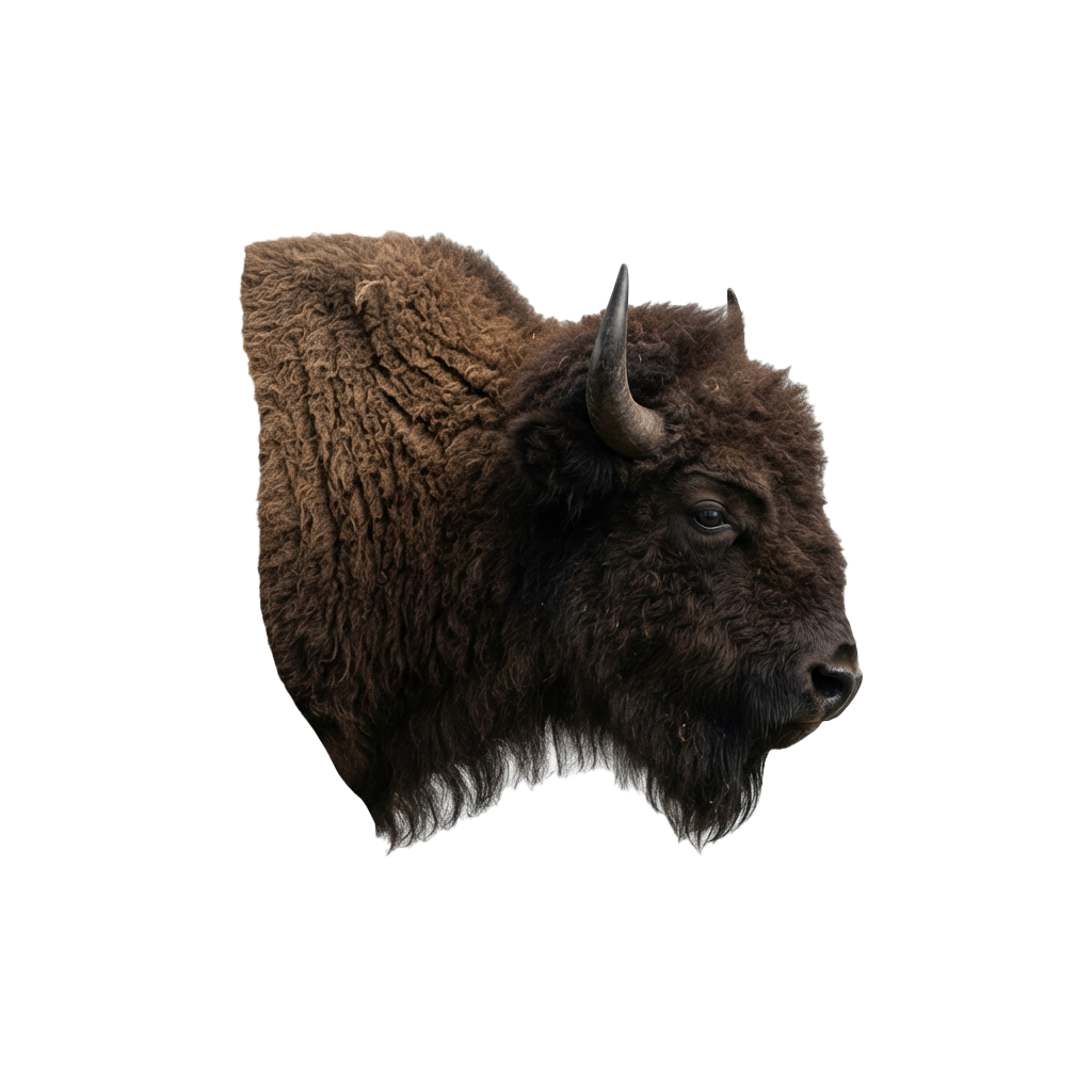Close-up of a bison head showcasing its thick fur and prominent curved horns against a dark background
