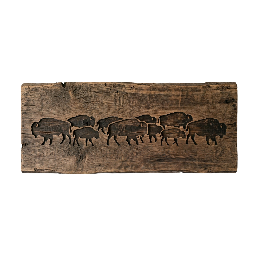 A wooden relief carving of a herd of buffalo walking in a line on textured wood