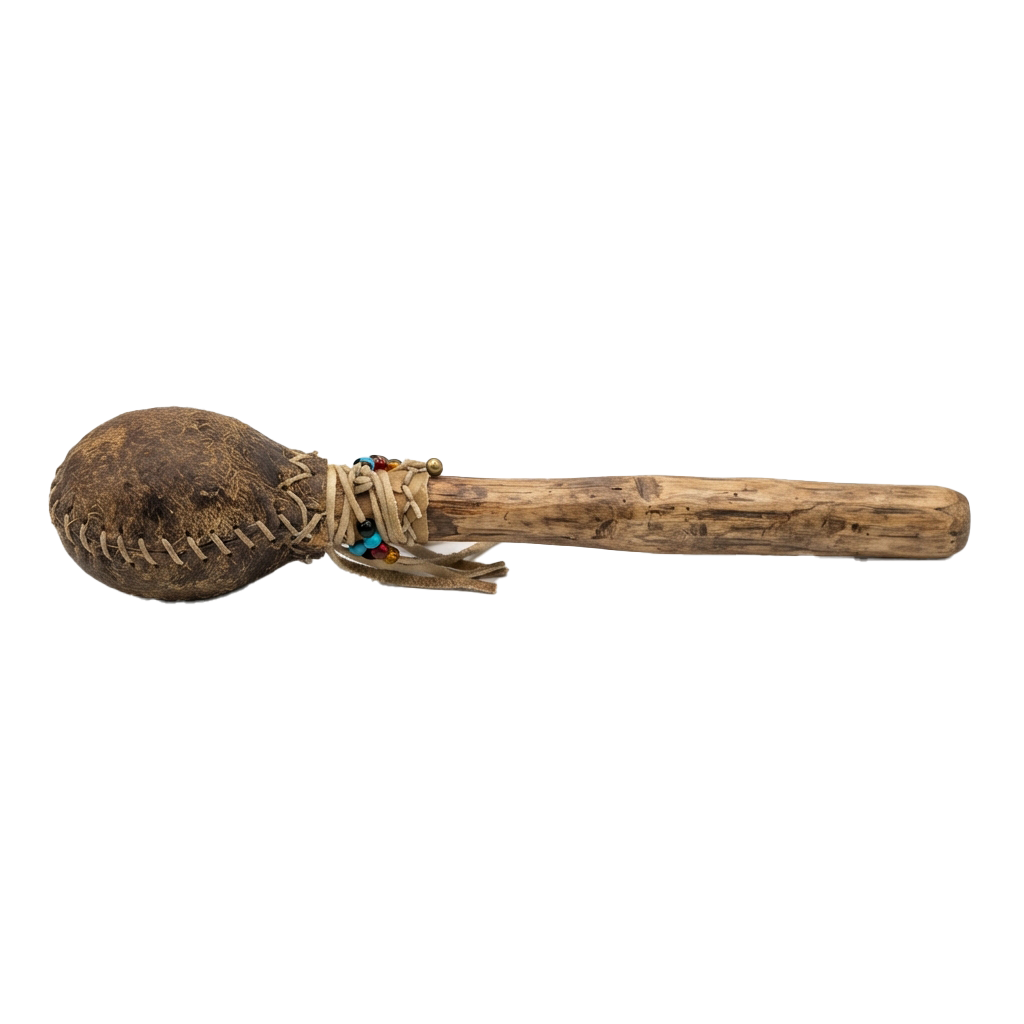 A wooden baseball bat with a stitched leather ball attached to the end