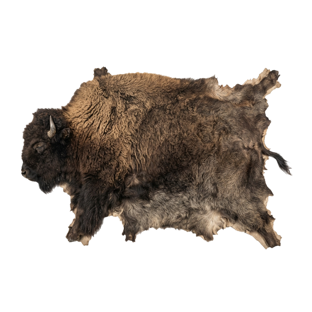 Taxidermied hide of a brown and black bison viewed from the side