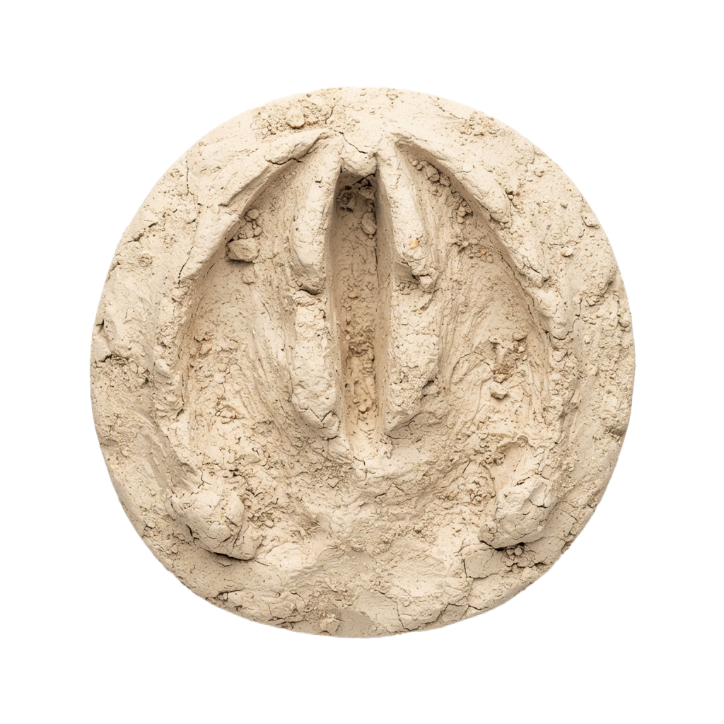 A circular carved stone relief featuring a stylized abstract symbol resembling three curved lines.
