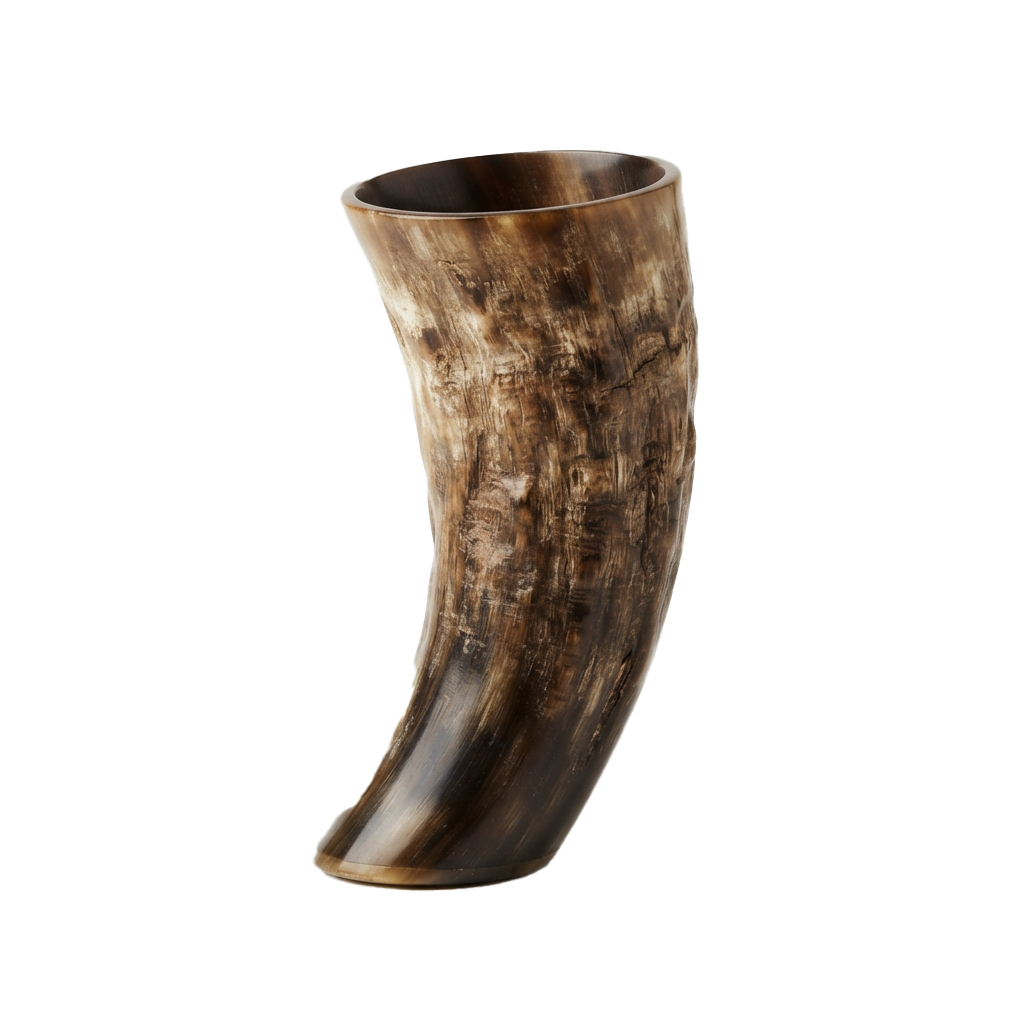A polished drinking horn made from a deer antler with a smooth, curved shape.