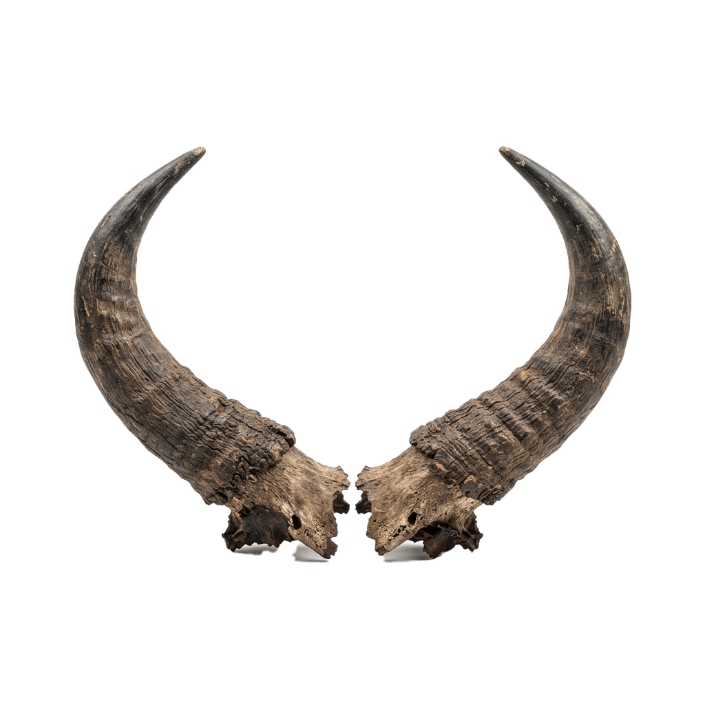 Two large, curved animal horns with detailed ridges and natural coloration.