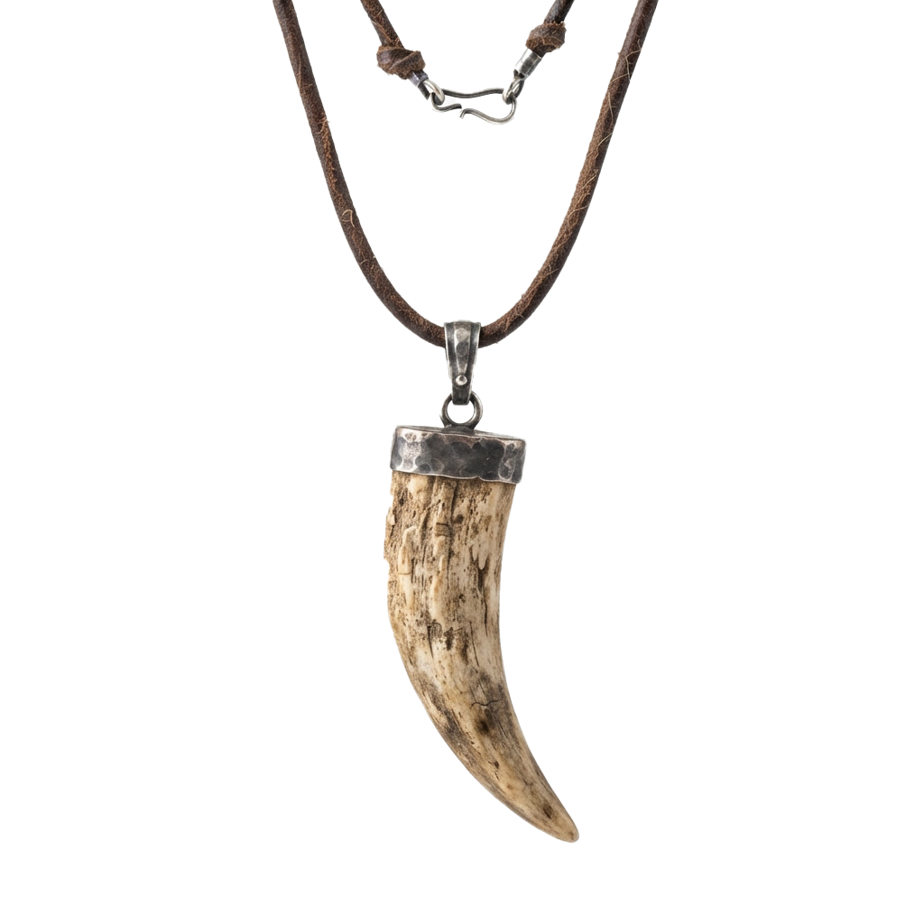 A necklace with a leather cord and a large animal tooth pendant set in a silver frame